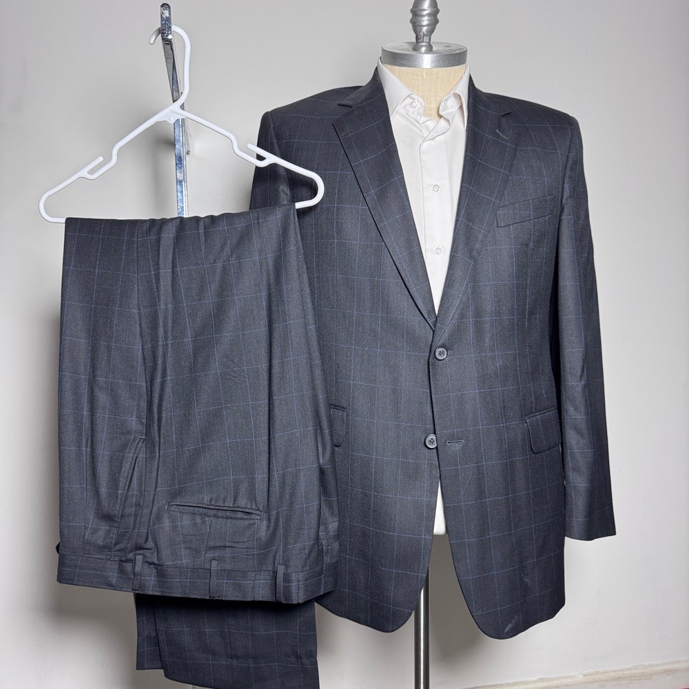 Stafford Suit Mens 44L 37x35 Charcoal Grey Blue Windowpane Wool 2-Button Notch